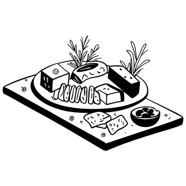 An artisanal platter displayed on a wooden table, featuring neatly arranged anchovies, various types of cheese cut into cubes, and an assortment of crackers scattered around. There are garnishes of fresh herbs adding texture to the scene. A small bowl of olives is positioned beside the platter, complementing the arrangement.