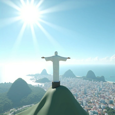 A towering statue of "Christ the Redeemer" stands majestically on a mountain, arms outstretched towards the sky. The statue is made of light-colored stone, contrasting against the vibrant blue of the cloudless sky. Below, the city of "Rio de Janeiro" sprawls out, showcasing a mix of bustling streets, colorful buildings, and lush green hills. The sun casts bright rays, illuminating the city and creating a warm atmosphere. In the distance, the "Sugarloaf Mountain" and "Copacabana Beach" are visible, framed by the sparkling ocean. The scene captures a sense of awe and tranquility on this bright day.