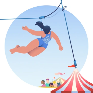 A trapeze artist with a toned physique is swinging through the air, performing a daring leap. She has long, flowing black hair that trails behind her. She is dressed in a bright blue leotard adorned with sparkling silver sequins. Her arms are outstretched as she prepares to catch the other trapeze. Below her, a circus tent with red and white stripes is visible, and a small crowd can be seen gazing up in awe. The sky is clear and blue, providing a vibrant backdrop to her impressive acrobatics.