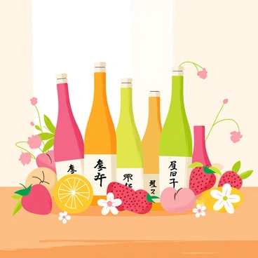 A visual spread featuring various bottles of sake arranged on a wooden table. Each bottle displays a distinct label, indicating different sake flavors. Surrounding the bottles are vibrant fruits such as sliced peaches, juicy strawberries, and tart citrus fruits, enhancing the visual appeal. Delicate floral elements like cherry blossoms and jasmine flowers are intertwined among the fruits and bottles, adding a touch of elegance to the composition. The background is softly blurred to keep focus on the sake and its complementary elements.