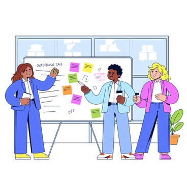 A group of three colleagues stands together in a modern office setting. One colleague, a woman with long brown hair, writes ideas on a large whiteboard with a green marker. Next to her is a man with short black hair, holding a notepad and pen, while he points at a list on the board. Another colleague, a woman with curly blonde hair, stands slightly behind them, smiling and contributing to the discussion. The whiteboard is filled with colorful sticky notes and handwritten bullet points. The office has large windows, allowing natural light to illuminate the space, and there are potted plants in the background.