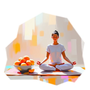 A meditation scene featuring a person seated cross-legged on a soft mat. The individual has medium skin and is wearing comfortable, loose-fitting clothing. Next to them is a large bowl filled with ripe mangoes, their vibrant orange and yellow colors contrasting with the earthy tones of the mat. The person's hands rest gently on their knees, eyes closed in concentration, as they enjoy the peaceful atmosphere around them. The light in the setting is warm and inviting, enhancing the tranquil mood of the scene.