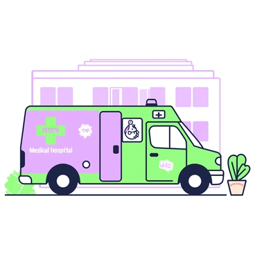 A medical transport van is parked outside a pediatric hospital. The van features "colorful decals" that include cartoon animals and playful designs aimed at children. The hospital building is visible in the background, showcasing modern architecture with large windows. There are potted plants on either side of the van, adding a touch of greenery to the scene. The van's back doors are slightly open, revealing medical equipment inside, while a few playful stickers are adhered to the rear window.