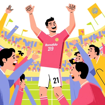 Cristiano Ronaldo stands at the center of a vibrant packed stadium, wearing a red jersey with his name and number clearly visible. He has a confident expression on his face as he raises his arms in celebration. Surrounding him are enthusiastic fans, waving colorful banners and flags. Their faces are filled with excitement, and some are jumping with joy. The stadium is brightly lit, and the atmosphere is electric, capturing the intense energy of the moment.