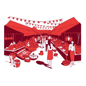 A red bustling village market filled with various stalls. Each stall is adorned with colorful fabrics and displays a wide array of fresh produce, including vibrant fruits and vegetables. There are handmade crafts on display, such as woven baskets and intricate pottery. Shoppers are interacting with vendors, examining the goods, and haggling over prices. The atmosphere is lively, with people of all ages enjoying the market experience. In the background, there are cheerful decorations hanging between the stalls, adding to the vibrant scene.