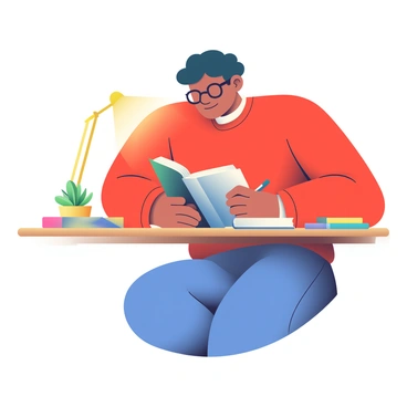 A student with short black hair and glasses is sitting at a wooden desk, deeply focused on reading a thick textbook. The student is wearing a red sweatshirt and blue jeans. The desk is cluttered with various stationery items, including colorful sticky notes and a blue notebook. A green plant in a small pot is placed to the left of the desk, while a bright desk lamp illuminates the pages of the textbook. The student has both elbows resting on the desk, with one hand holding the book open and the other jotting down notes on a notepad.