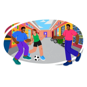 A group of four teenagers playing soccer with a black and white patterned ball in a narrow city alley. Two boys are wearing bright blue jerseys, while the other boy is in a red shirt. The girl is dressed in a green tank top and black shorts. The alley is lined with colorful graffiti on the brick walls, and there are scattered trash cans and bicycles in the background. One boy is preparing to take a kick, while the others are positioned to either defend or receive the ball. The scene is lively, capturing the energy of the game.