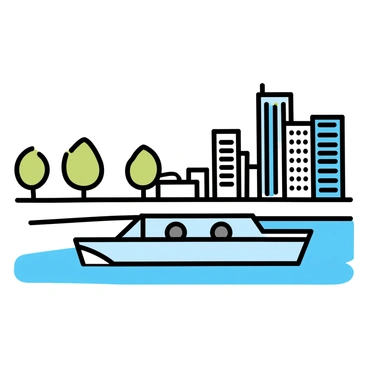 A barge, painted in shades of blue, is moving steadily through a narrow canal. The water reflects the shape of the barge and the surrounding buildings. In the background, a bustling city skyline rises, showcasing tall skyscrapers with large glass windows. The city appears lively, with some pedestrians visible along the canal banks. A few trees are scattered along the water's edge, adding a touch of greenery to the urban scenery. The sky is clear, emphasizing the contrast between the natural and man-made elements.
