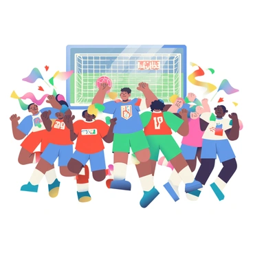 A diverse group of fans with varying skin tones are jumping in excitement as a goal is scored. They are wearing colorful jerseys in shades of blue, red, and green, displaying team logos. Some fans have painted their faces with team colors, while others are holding scarves above their heads. In the background, a large outdoor screen is displaying the moment the ball enters the net, with the score changing prominently. The scene is filled with colorful flags waving, and the fans are surrounded by a vibrant atmosphere of celebration and joy.