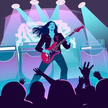 A musician with long, flowing hair and a leather jacket is passionately playing an electric guitar on stage at a rock concert. The stage is illuminated by vibrant, flashing lights in various colors, casting dramatic shadows. The musician's facial expression shows intense focus and excitement as they immerse themselves in the music. The audience in the foreground has their hands raised, creating an energetic atmosphere. Behind the musician, large amplifiers and a dynamic backdrop enhance the concert experience.