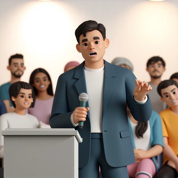 A man, wearing a navy blue suit and a white shirt, stands at a podium in front of an attentive audience. He gestures with his right hand while holding a microphone in his left, passionately sharing his personal story. His facial expressions convey a mix of determination and vulnerability, with his brow slightly furrowed and eyes glistening. The audience, consisting of diverse individuals, is absorbed in his words, some nodding, while others show visible emotional reactions. The background features soft lighting that enhances the intimate atmosphere of the event.
