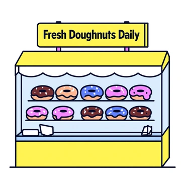 A doughnut kiosk with a bright yellow exterior. The kiosk features a large glass display case filled with a colorful array of frosted doughnuts in various shapes and sizes. There are doughnuts with pink, blue, and chocolate frosting, some topped with sprinkles, while others have a glossy glaze. A cheerful sign above the kiosk reads "Fresh Doughnuts Daily" in bold letters. A small counter in front of the display has a few napkins and a cash register.