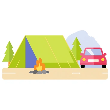 A green tent set up beside a quiet dirt road. The tent has a blue entrance flap and is staked down with yellow ropes. A bright campfire is burning in front of the tent, surrounded by a circle of gray stones. The flames are flickering and casting a warm glow. A red car is parked a few feet away, with its doors closed and facing the road. The scene is framed by a backdrop of green trees and a clear blue sky.