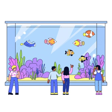A large city aquarium features a spacious viewing area filled with various species of fish swimming gracefully behind large glass panels. The aquarium tank is designed with vibrant coral reefs and aquatic plants providing a natural habitat for the fish. Colorful tropical fish with distinct patterns, including clownfish and angelfish, can be seen interacting with each other as they navigate through the water. Visitors can be seen observing the aquatic life, pointing excitedly at the unique creatures. The sunlight streams in from above, casting gentle reflections on the glass surface.