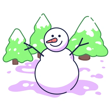 A snowman stands in the foreground, featuring a round body made of packed snow. The snowman has a "carrot nose" positioned prominently on its face. Its eyes are represented by two small stones, and it has a wide smile made of small pebbles. The snowman's "arms" are made from thin branches extending outward. In the background, a row of evergreen trees is visible, their branches dusted with snow. The winter sun shines down, casting soft shadows on the ground, creating a glimmering effect on the snow.