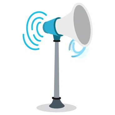 A huge siren horn mounted on a tall, sturdy pole. The siren horn is shiny and metallic, with a distinct flared shape at the end. Surrounding the siren, bold lines and circular sound waves are illustrated, radiating outward to represent the loud sound it is emitting. The pole stands firmly on a flat surface, and the background features a clear blue sky.