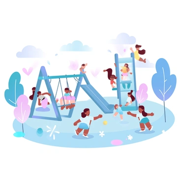 A group of children is playing on a colorful playground filled with bright and cheerful equipment. Several swings are occupied by children laughing as they swing back and forth. Nearby, a tall slide has children taking turns climbing up and sliding down with joy. The playground is surrounded by vibrant trees and flowers, adding to the lively atmosphere. A soft grassy area is visible where some children are running around, playing tag. Brightly colored toys are scattered around, contributing to the playful scene.