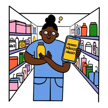 A shopper with light skin and short black hair stands in a store aisle. They are holding a product in one hand, closely examining it with a puzzled expression. In the other hand, they are holding a smartphone displaying a "misleading advertisement" for the same product. The shopper is wearing a blue t-shirt and jeans. The store shelves behind them are filled with various products, providing a contrast to the confusion on their face. The lighting emphasizes the shopper's focused gaze on both the product and the phone screen.