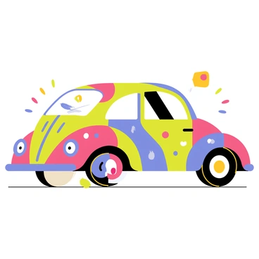 A Beetle car with a rounded shape and compact design is painted in vibrant colors. The car features a variety of unique patterns, including swirling shapes, geometric figures, and dots in shades of blue, red, yellow, and green. The headlights are adorned with decorative stickers, and the wheels are painted in contrasting bright colors. Surrounding the car, there are splashes of paint and small artistic elements that enhance its colorful and creative appearance. The overall composition showcases the whimsical and artistic transformation of the classic vehicle.