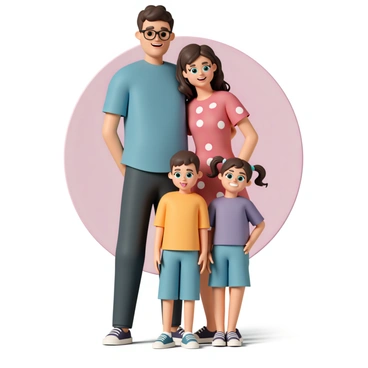 A cartoon family portrait featuring four members. The father is standing on the left, wearing a blue t-shirt, dark jeans, and glasses. He has a round face with a prominent nose and a cheerful smile. Next to him is the mother, wearing a red dress with white polka dots, her long brown hair styled in loose waves. She has large, expressive green eyes and a friendly smile. The eldest child, a girl, is on the right, wearing a purple shirt, denim shorts, and sneakers. She has curly hair tied into two pigtails and a playful grin. The youngest member, a boy, stands in front of the parents, wearing an orange t-shirt and blue shorts. He has a round face with big brown eyes and is making a silly face, sticking out his tongue. The background is a simple, soft color that complements the family's bright clothing.