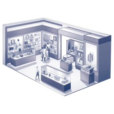 A shopping mall interior featuring a spacious layout filled with various stores. On one side, there are vintage stores displaying classic items such as retro clothing, antique furniture, and vintage vinyl records. These stores have warm lighting and wooden shelves filled with nostalgic treasures. On the opposite side, futuristic stores showcase modern technology, sleek gadgets, and innovative fashion. These shops have a minimalist design with bright, clean lines and digital displays highlighting cutting-edge products. The entire space is bustling with shoppers interacting with both vintage artifacts and modern innovations.
