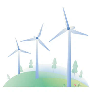 A row of tall wind turbines is standing on a green hillside, partially shrouded in morning fog that blankets the lower section of the turbines. The blades of the wind turbines are slowly rotating, and the fog creates a soft, diffused light that enhances the scene. In the background, a few trees can be seen peeking through the mist, adding depth to the landscape. The ground is dotted with wildflowers, their colors muted by the foggy atmosphere. A sense of stillness envelops the area, accentuated by the low visibility.