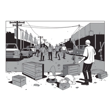 A group of survivors stands firmly behind a makeshift barricade constructed from wooden crates and metal sheets in the middle of a deserted street. The survivors display a mix of determination and readiness, holding various weapons like bats, axes, and makeshift spears. In the background, several zombies shuffle towards them, their decaying features illuminated by the dim light of a gray sky. The street is lined with abandoned cars, overgrown weeds, and scattered debris, enhancing the post-apocalyptic atmosphere. The survivors' clothing is rugged and dirt-stained, reflecting their struggle for survival.