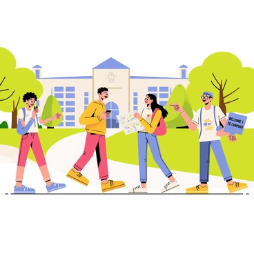 A group of five excited exchange students is arriving at a university campus for the first time. They are carrying colorful backpacks and wearing casual clothing. One student, a girl with curly hair, is jumping with joy, while another, a boy with glasses, is taking photos with his smartphone. A third student, a tall girl with long straight hair, is pointing towards the main building with a big smile. A fourth student, a boy with a hat, is looking at a campus map, and a fifth student, a girl with a ponytail, is laughing and holding a welcome sign that says, "Welcome to Campus!". The background features a vibrant green lawn and large trees, with the university's historic buildings in the distance.