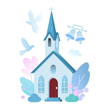 A quaint church with a tall steeple stands prominently in the scene. The church has arched windows and a wooden door, surrounded by a well-kept garden filled with colorful flowers. Above the church, there are several birds taking flight, their wings spread wide as they ascend into the sky. In the background, a pair of large bells can be seen, positioned at the top of the steeple, reflecting light. The setting is bathed in soft, gradient pastel colors, creating a serene atmosphere.
