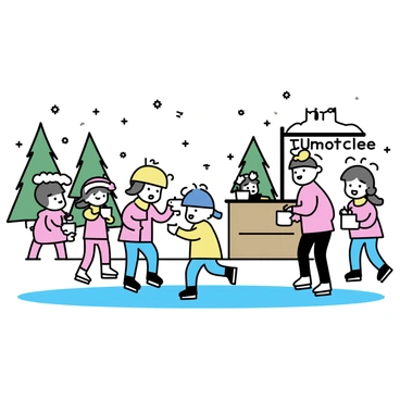 A group of children, wearing colorful winter hats and coats, are ice skating on a frozen pond. Some are laughing as they glide across the ice, while others hold onto the edge for support. Nearby, a wooden stand displays a sign saying "Hot Chocolate" in bold letters. Several children are lined up at the stand, each holding a warm cup of hot chocolate, with whipped cream and marshmallows on top. Snowflakes are gently falling from the sky, covering the ground in a soft white blanket. In the background, pine trees are dusted with snow, completing the festive winter scene.