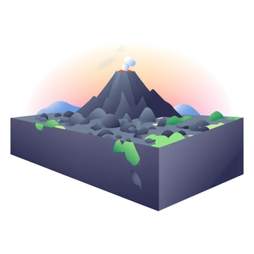 A volcanic landscape features a prominent volcano with a dark, rocky cone, rising against the horizon. At the base of the volcano, a distinct normal fault line is visible, characterized by a shear of the earth, creating a jagged crack that runs horizontally through the ground. Surrounding the volcano, the terrain is scattered with black and gray volcanic rocks, and patches of green vegetation can be seen peeking through the cracks in the earth. The sky above is a gradient of soft oranges and purples, hinting at a setting sun casting warm tones across the scene. Small plumes of smoke rise from the volcano's summit, adding dynamic movement to the otherwise still landscape.