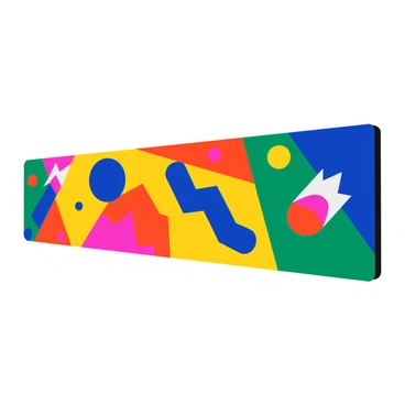 A large mural featuring bold abstract shapes such as circles, triangles, and zigzags. The shapes are filled with vibrant colors like red, blue, yellow, and green. The mural covers an entire wall, displaying a dynamic arrangement of the shapes that overlap and intertwine. Each section of the mural has a distinct color and form, contributing to the overall energetic visual composition.