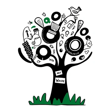 A large sculpture made from various recycled materials such as plastic bottles, metal scraps, and old tires, assembled to create the shape of a tree. The tree is positioned in a park setting, surrounded by green grass and small flowers. Several birds made from discarded materials are perched on the branches of the tree. A plaque at the base of the sculpture displays the words "Art from Waste."