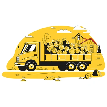 A large truck parked in a rural area, loaded to the brim with neatly stacked chopped firewood. The firewood consists of various-sized logs, some with visible bark and others polished and clean. The truck has a flatbed design, showcasing the pile of firewood prominently. Surrounding the truck is a grassy field with scattered wildflowers, and in the background, there are a few trees and a rustic farmhouse with a red roof. A dirt road runs alongside the truck, leading further into the countryside.