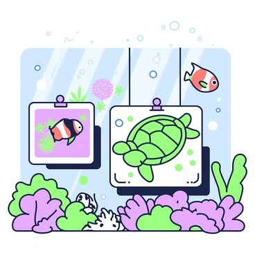 An underwater scene filled with vibrant marine life. Several picture frames are suspended in the water, each displaying different species of fish. One frame shows a clownfish swimming among anemones, while another depicts a school of colorful parrotfish. A larger frame features a majestic sea turtle gliding gracefully, surrounded by coral reefs. Tiny bubbles rise around the frames as soft beams of light filter down through the water, illuminating the scene. Different shapes and sizes of coral formations create a rich backdrop for the frames, enhancing the underwater atmosphere.