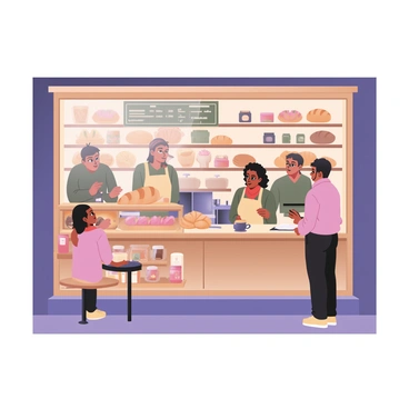 A digital flat illustration of a bustling urban bakery. The exterior features a large window with a wooden frame showcasing an assortment of freshly baked breads and pastries. On the display, there are golden loaves of bread, flaky croissants, and colorful pastries topped with icing. People are seen inside the bakery; a woman with curly hair wearing a red scarf is examining the selection, while a man with glasses is placing an order at the counter. The interior is warm and inviting, with wooden shelves lined with jars of jam and flour, and a chalkboard menu hangs on the wall behind the counter. A couple of small tables with customers enjoying their treats are visible, and a barista is preparing coffee at the side. The scene conveys a sense of activity and community.