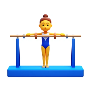 A young gymnast performing a "dead hang" on parallel bars. The gymnast has a focused expression on their face as they grip the bars with both hands. The athlete's body is fully extended, with arms straight and legs hanging down, creating a streamlined silhouette. The gymnastics equipment is well-lit, showcasing the strength and determination of the gymnast. Bright colors provide contrast, highlighting the gymnast’s outfit, which consists of a fitted leotard and grip shoes. A gymnasium background features mats and additional training equipment.