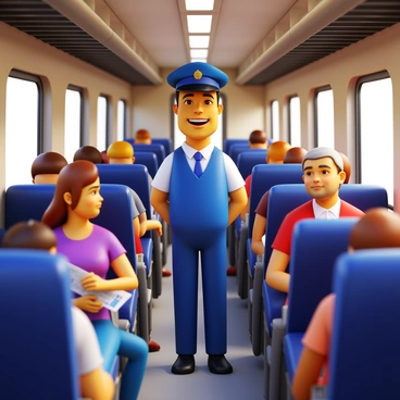 A friendly train conductor wearing a classic uniform with a cap, standing in the aisle of a train. The conductor is smiling and chatting with passengers seated on both sides of the aisle. Passengers are engaged in conversation, some holding tickets, while others are enjoying snacks. The interior of the train features plush seats and overhead luggage racks. Natural light streams through the windows, casting soft shadows across the scene.