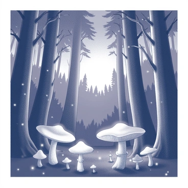 A dense forest filled with tall, towering trees, their trunks thick and rugged. The ground is carpeted with a variety of mushrooms, some emitting a soft glow, illuminating the surrounding area with a gentle light. Tiny, ethereal sparkles hover in the air, creating a whimsical atmosphere. The sky above is transitioning from day to night, with the last remnants of daylight fading. Shadows deepen between the trees as the dusk settles in, enhancing the enchanted feel of the scene.
