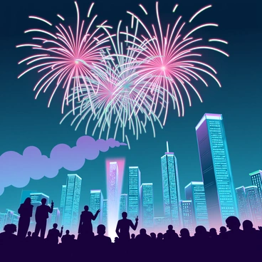 A vibrant fireworks display bursts into color in the night sky above a sprawling cityscape. The sky is illuminated with various explosions of red, blue, green, and gold. Below, the city is a silhouette of skyscrapers and buildings, with their windows reflecting the colorful light. Crowds of people gather on the streets, looking up in awe, some pointing at the sky. The smoke from the fireworks slowly drifts upward, adding depth to the scene.