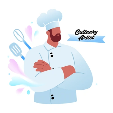 A fashionable chef is wearing a stylish hat that features a decorative whisk elegantly perched on top. The chef is clad in a crisp white coat adorned with various culinary insignias. The background showcases an array of colorful kitchen utensils, including spatulas and mixing bowls, arranged artistically. The chef stands confidently with arms crossed, exuding a sense of culinary expertise and style. A small banner with the text "Culinary Artist" is positioned prominently above the chef.