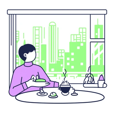 A person enjoying coffee while seated by a large cafe window with a city view
