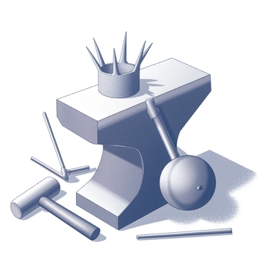 A blacksmith's anvil sits prominently in the center of the image. Atop the anvil is a "crown of thorns," intricately detailed, with sharp spikes and a twisted form. Surrounding the anvil are various "tools," including a hammer, tongs, and a bellows, all arranged methodically. The anvil's surface shows signs of wear, with marks and dents from use. The setting includes a textured backdrop, suggesting a workshop environment, with shadows cast by the tools, enhancing the overall composition.