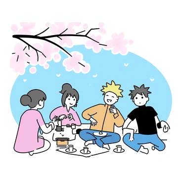Naruto, wearing an orange jacket and blue pants, is sitting on a picnic blanket, smiling as he eats sushi. Beside him, Sakura, in a pink dress, is pouring tea from a thermos into cups. Sasuke, dressed in a black shirt and jeans, is laying back with his arms behind his head, looking relaxed. Above them, the branches of a cherry blossom tree are filled with soft pink flowers, some petals gently falling and landing on the picnic setup. In the background, there is a clear blue sky, enhancing the cheerful atmosphere of their picnic.