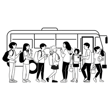A group of students is standing in a line, preparing to board a large bus. They are all wearing casual clothes, including t-shirts, jeans, and sneakers. Each student is holding a colorful backpack and a lunchbox. Some students are chatting and laughing while others are looking at the bus with anticipation. The bus has its door open, inviting them to come aboard. The scene conveys a sense of excitement and enthusiasm for the upcoming field trip.