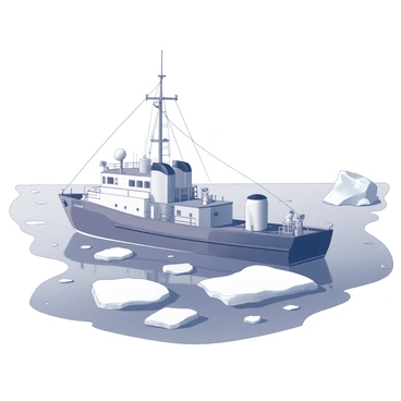 A research vessel with a sturdy hull is anchored in icy waters. Its deck features various scientific equipment and satellite dishes. The water is filled with floating ice pieces of different shapes and sizes, some of which are partially submerged. In the background, there are more ice formations and a clear sky overhead. The scene conveys a sense of isolation in a cold environment.
