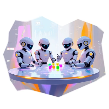 A group of four robots is engaged in a dice game on a sleek, holographic table that displays intricate patterns of light. Each robot has a unique design, with metallic bodies and glowing accents. The setting features futuristic technology, including large screens displaying data and digital interfaces. One robot is rolling a set of colorful dice, while the others watch intently, their eyes illuminated with curiosity. The background is filled with various technological elements, such as floating orbs, robotic arms, and circuit patterns that enhance the advanced atmosphere of the scene.