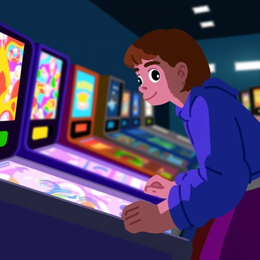 A young player with short brown hair is intensely focused on a colorful pinball machine. The pinball machine features vibrant graphics with bright colors, including reds, blues, and yellows. The dimly lit arcade is filled with soft, glowing lights from various arcade games. The player's face shows concentration as they lean slightly forward, gripping the machine's controls. Reflections from the pinball machine illuminate their expression and hint at the action happening on the screen. Surrounding them are additional arcade machines, their screens flickering with different games.
