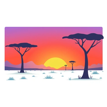 A vast landscape features a vibrant African sunset with a gradient sky transitioning from deep orange at the horizon to rich purple at the top. Silhouetted against the brilliant sky are several acacia trees with distinctive flat-topped canopies, their branches gracefully reaching outwards. The ground is slightly uneven, dotted with grass and small bushes, which add texture to the scene. In the distance, faint outlines of rolling hills can be seen under the fading light. The overall atmosphere conveys the beauty of a serene yet dramatic evening in the African savannah.