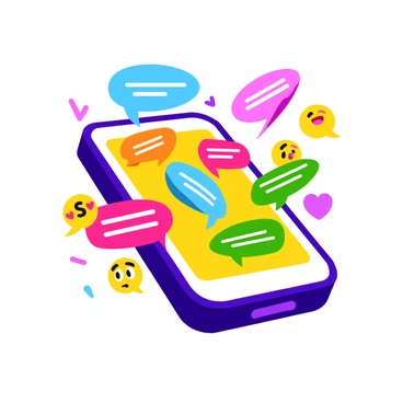 A vibrant Instagram Q&A session taking place on a smartphone screen. The screen displays several colorful pop-up question bubbles, each with distinct designs and varying sizes. The questions are visible in bold, playful fonts. Animated responses are depicted as dynamic text with a glowing effect, flowing from the bottom of the screen towards the top. The smartphone is surrounded by cheerful emojis and icons, adding liveliness to the composition. The background is bright and engaging, complementing the interactive nature of the session.